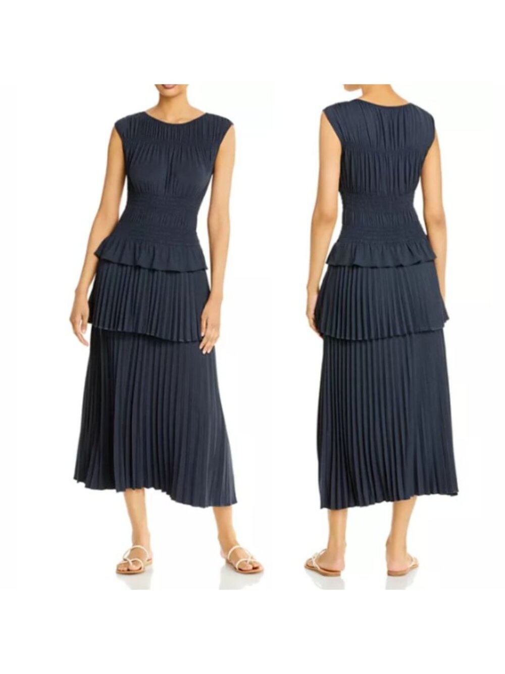 Tiered Midi Dress Sm Navy Blue Pleated Smocked Short Sleeve Elegant Minimalist